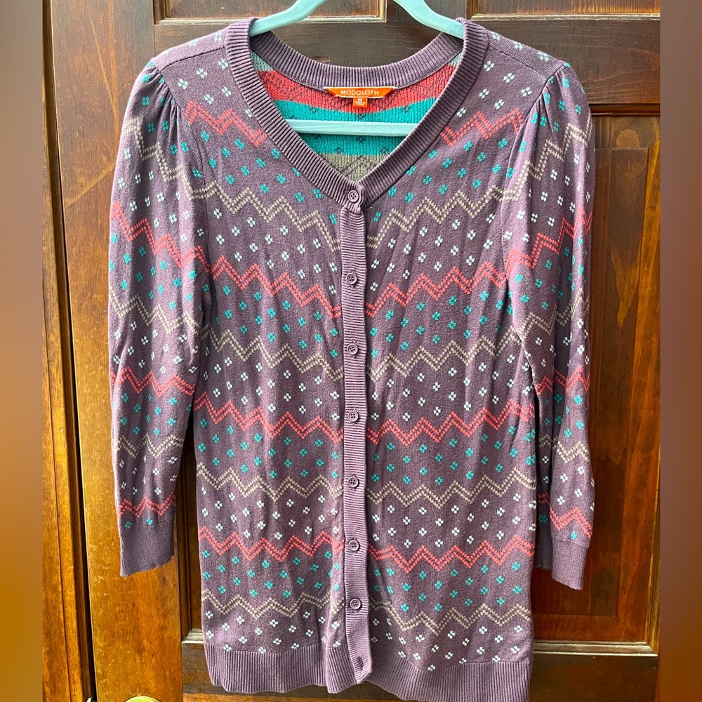 ModCloth purple patterned cardigan, 3/4 length sleeve